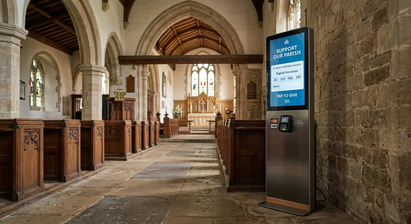 Eine digitale Spendensäule mit Touchscreen in einer historischen Kirche